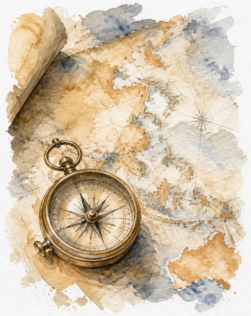 Watercolor painting of a vintage travel map with a brass compass resting on it
