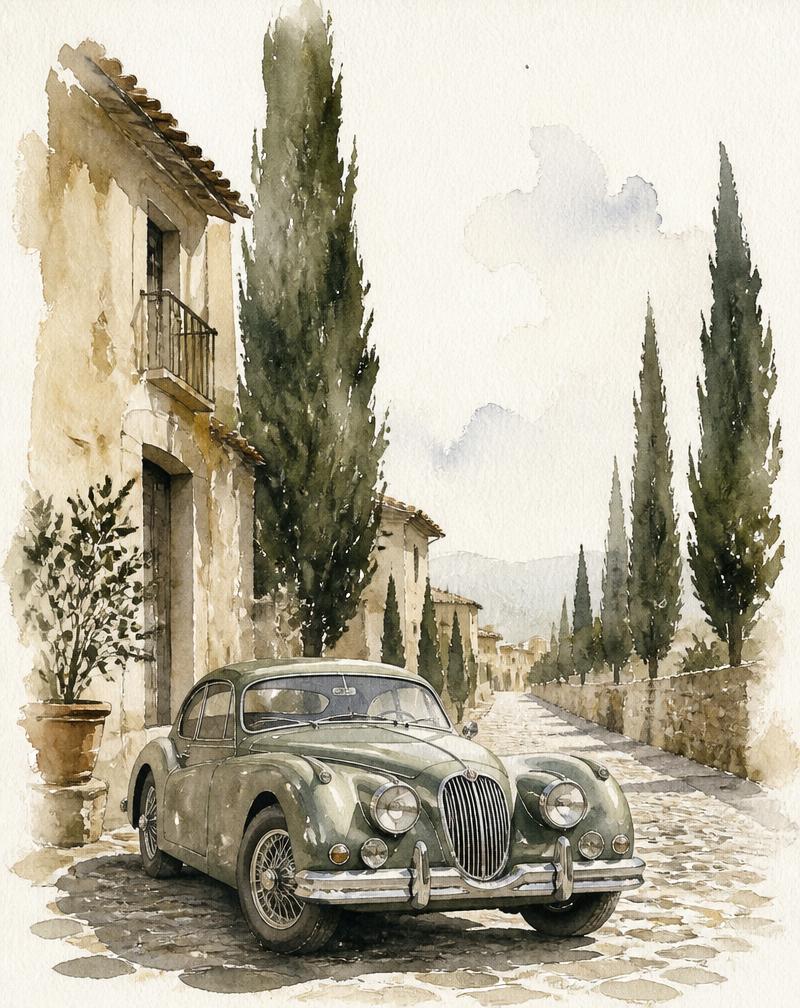 Watercolor painting of a classic car parked on a quiet cobblestone street lined with cypress trees
