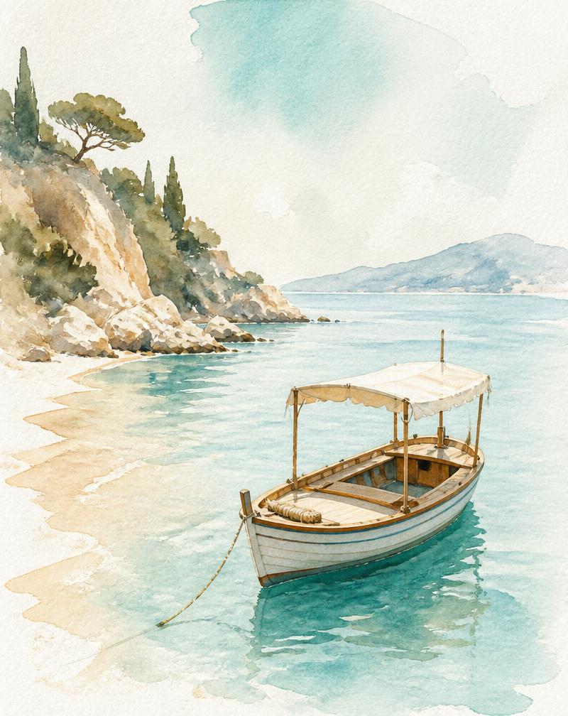 Watercolor painting of a small private boat on calm turquoise water near a quiet coastline