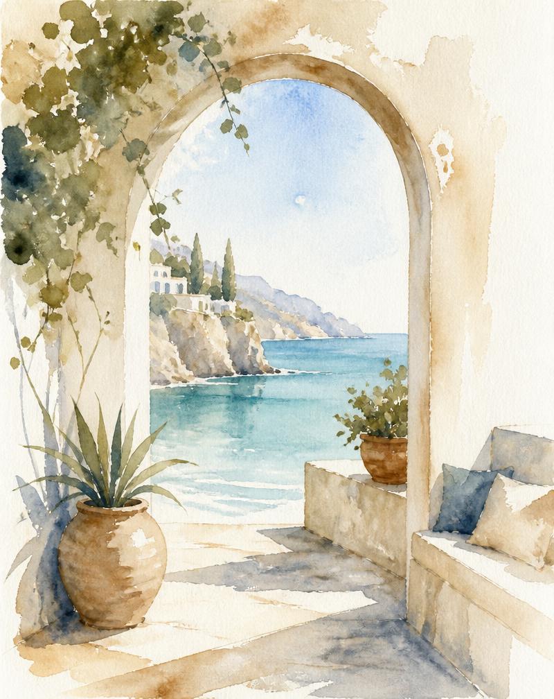 Watercolor painting of a villa terrace with an arched doorway overlooking a calm turquoise sea
