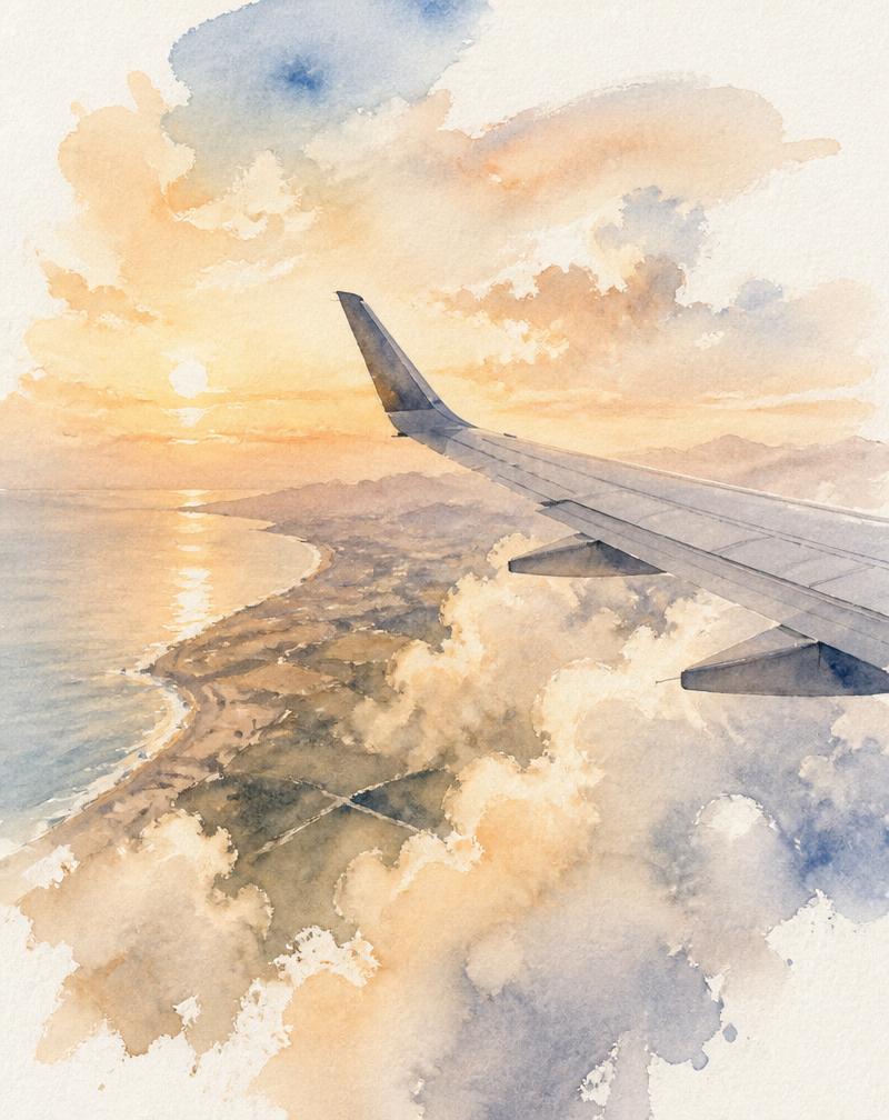 Watercolor painting of an airplane wing above soft clouds at golden hour over a coastline