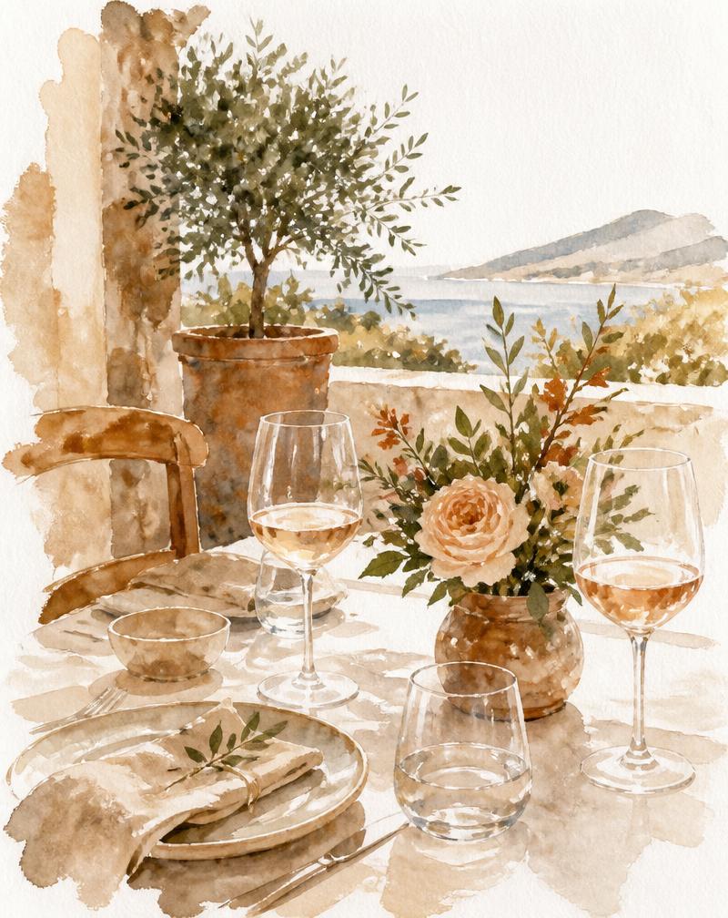 Watercolor painting of an elegant outdoor table set with wine glasses and flowers in afternoon light